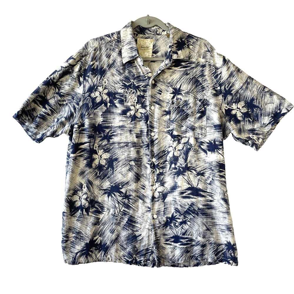 Tasso Elba Island Shirt Mens XL Blue Silk Linen Blend Button Up Hawaiian